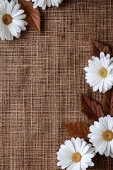 Rustic burlap fabric texture background with white daisy flowers and brown leaves, vertical flat lay design with copy space for autumn themes, country style greetings, and nature concepts.