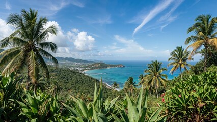 Tropical coastal landscape with palm trees, lush green foliage, blue ocean, and sky, showcasing a scenic view of a beach and coastline.
