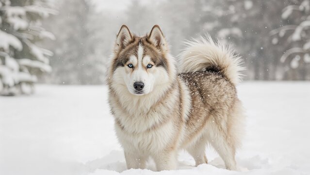 Husky dog standing in snow with winter trees in background. Cold weather, outdoor, pet, animal, nature, winter scene.