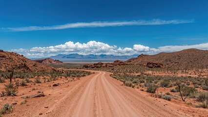 Fototapeta premium Desert landscape with dirt road, rugged hills, and mountains in the distance under a blue sky with clouds.