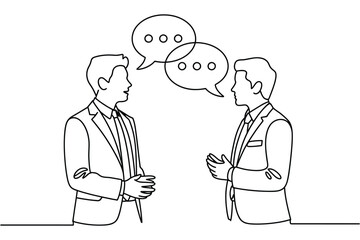 Two businessmen engage in a conversation with speech bubbles indicating dialogue.