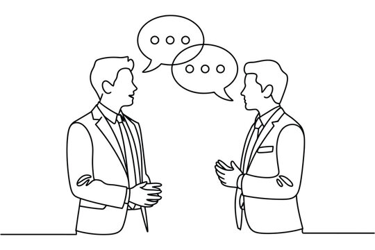 Two businessmen engage in a conversation with speech bubbles indicating dialogue.