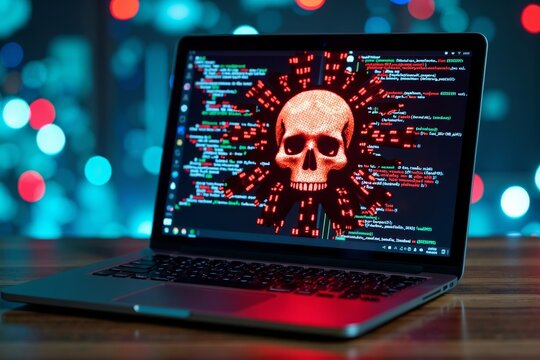 Photo Concept: An image manipulation of a laptop with distorted coding and a skull icon, symbolizing a cyber security breach and virus attack.