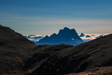 Panoramic view from the Dolomite Terrace of the Dolomites in South Tyrol, Italy.