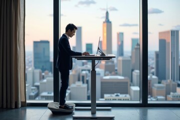 Person Working at Adjustable Height Desk on Balance Board with City Skyline View