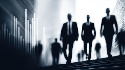 Business professionals walking in a modern city environment with financial data.