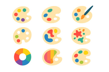 Obraz premium Art palette silhouette icon set. featuring paintbrush, color mixing, rainbow palette, and splatter symbols