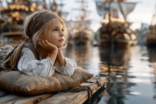 Young girl daydreams on a dock near illuminated pirate ships at sunset