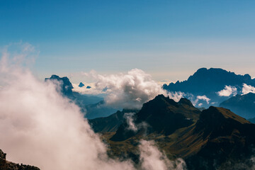 Panoramic view from the Dolomite Terrace of the Dolomites in South Tyrol, Italy.