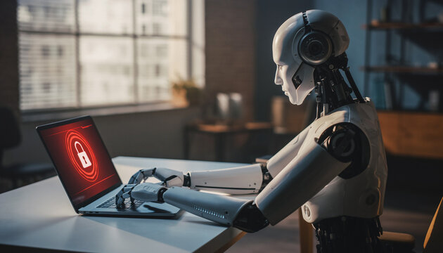 An AI robot focused on its laptop, with a red locked icon on the screen, showing data protection issue 