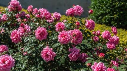 Fototapeta premium A lush bush of pink roses in full bloom, surrounded by green foliage and a garden background.