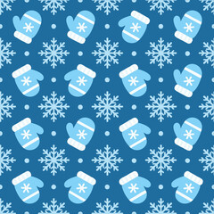 Seamless pattern featuring blue winter gloves, snowflakes, and dots on a dark blue background, ideal for seasonal, festive, and cold weather designs