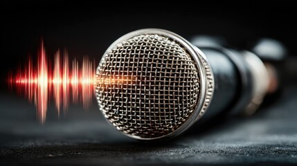 Close-up of a microphone capturing audio with sound waves.