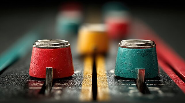 Close-up of a mixing console with colorful knobs and faders.
