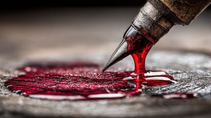 Close-up of a pen dripping red ink onto a wooden surface.