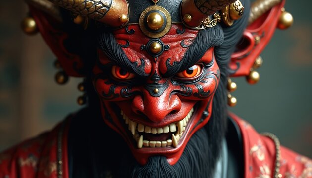 Close-up of a traditional Japanese Oni mask. Fierce red demon face with sharp teeth and golden horns. Elaborate traditional costume adds to its imposing appearance. Symbolizes power and folklore.