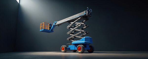 Blue platform lift machine in room. Scissor lift with orange basket in bright light. Industrial service machine with a telescopic boom manipulator for construction work at height indoors.