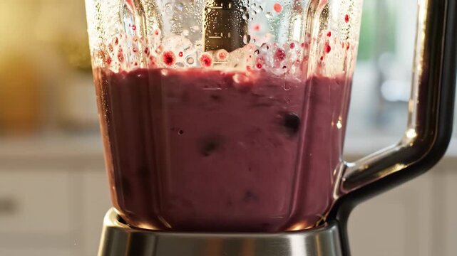 Making a healthy smoothie with spinach, berries, and yogurt in a blender at home kitchen