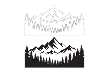 Stylized mountain range with pine forest silhouette and outline