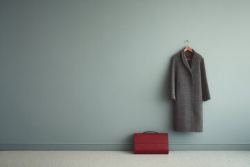 pristine white wall provides perfect backdrop for stylish coat elegantly hanging on hanger