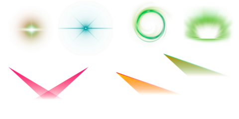 Collection of abstract light effects including lens flares spotlights and glowing orbs on a black background