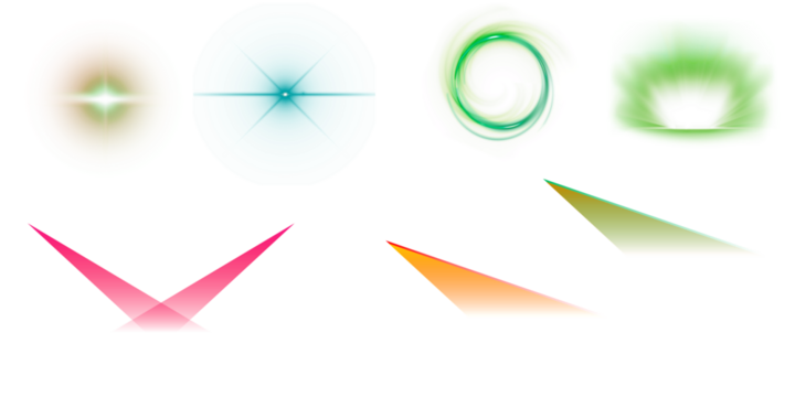 Collection of abstract light effects including lens flares spotlights and glowing orbs on a black background