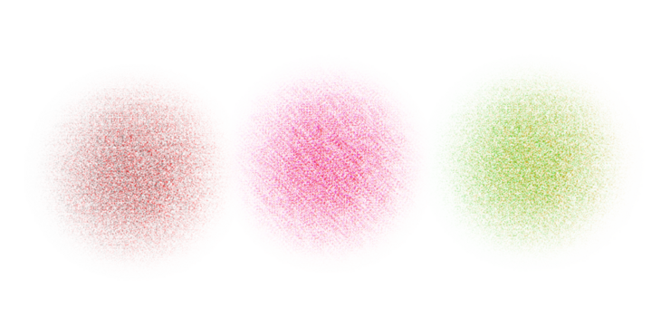 Three abstract textured oval shapes in red purple and green against a dark black background - Powered by Adobe