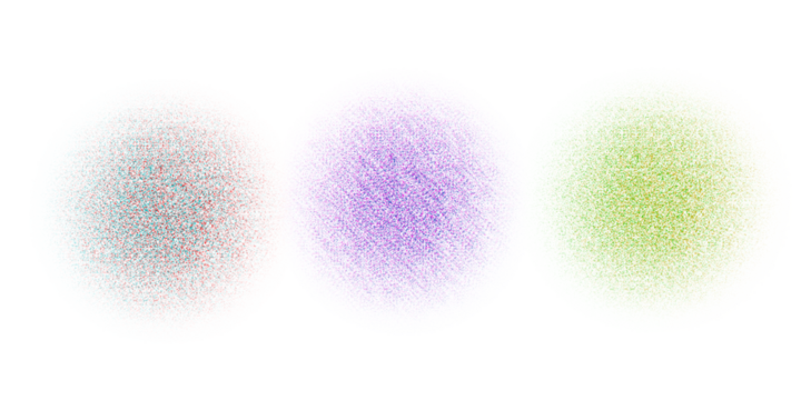 Three abstract glowing textured ovals in vibrant colors on a dark background