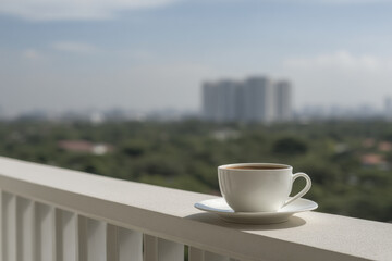 refreshing breakfast on balcony overlooking bustling city skyline featuring steaming cup of coffee in bright cup