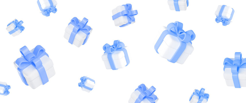 3d flying white gift box with blue ribbon and different angles. Stock vector illustration on isolated background.