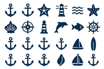 a collection of 20 dark blue line icons representing various nautical and ocean-related concepts.