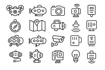 a set of outline-style icons related to technology, exploration, navigation, cameras, sensors, and devices.