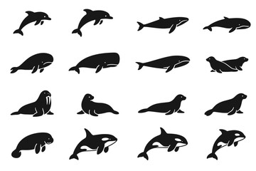 a collection of 20 black silhouette icons representing various marine animals.