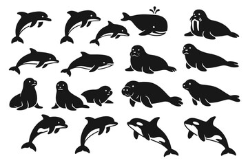 a collection of 20 black silhouette icons representing various marine animals.