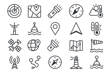 a collection of 20 black-and-white line icons representing various navigation and weather-related concepts.