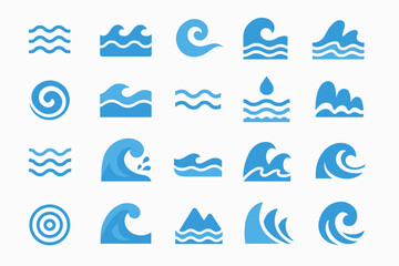 a collection of 20 blue silhouette icons representing various water and wave-related elements.
