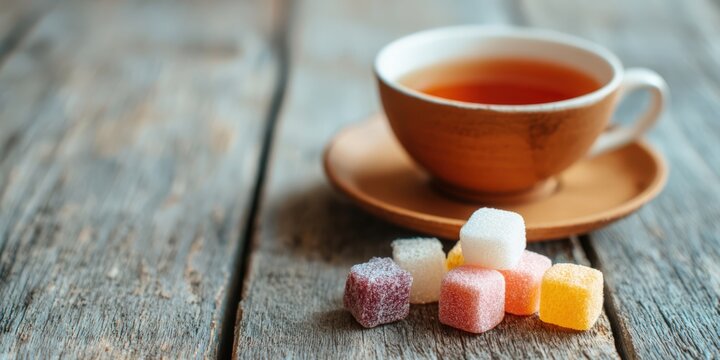 Hot black tea with colorful sugar cubes on rustic wood