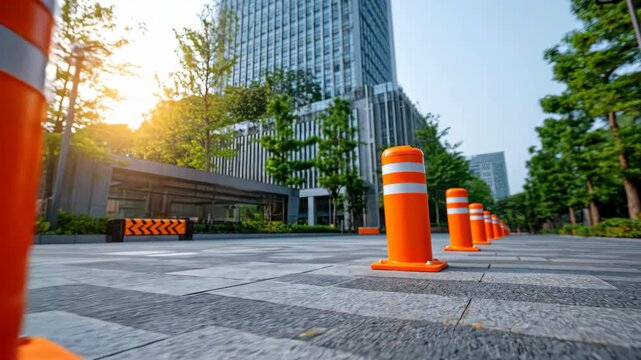 Orange Traffic Cones Lined Up On Paved Walkway With Modern Buildings and Green Trees Under Bright Sunlight