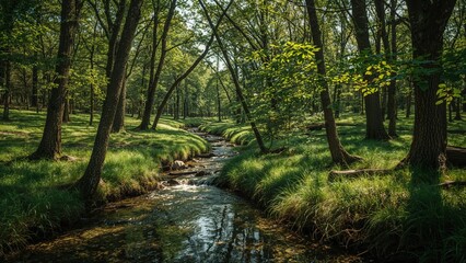 Obraz premium A peaceful forest scene with a flowing stream surrounded by lush green trees and grass.