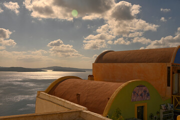 A view overlooking the beautiful Mediterranean scenery of the Greek island Santorini.