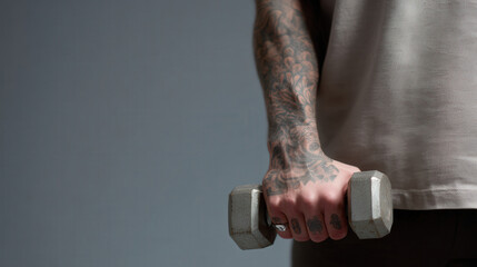 closeup view of hands adorned with intricate tattoos gripping dumbbell tightly emphasizing strength