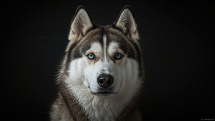 Close-up portrait of a Siberian Husky with striking blue eyes against a black background.