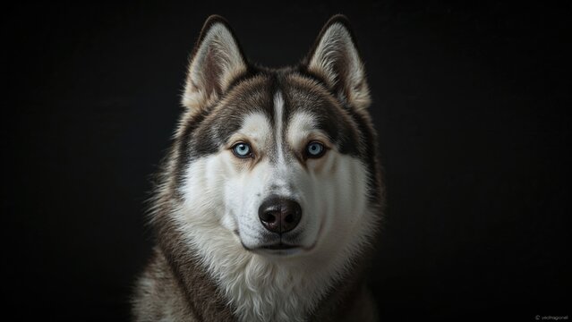 Close-up portrait of a Siberian Husky with striking blue eyes against a black background.