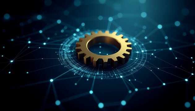 A golden gear symbol representing the core of technological innovation, within the context of network technology