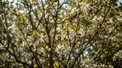 A blooming tree with white flowers and green leaves under a bright sky.