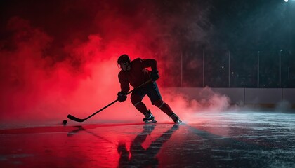 Obraz premium Hockey player skates on ice with hockey stick. Red fog background. Sportsman plays pro hockey game. Intense moment. Ice rink with light, shadows. Winter sport action in arena. Athlete in uniform.