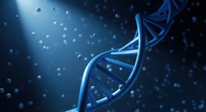 Blue 3D Rendered DNA Helix Structure Against a Dark Scientific Background with Floating Particles and Dramatic Light Beam. - Powered by Adobe