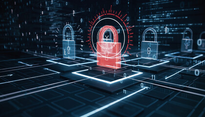 Cybersecurity concept with a series of digital locks, representing data protection and online safety. The image highlights the importance of securing sensitive information in the digital world. 