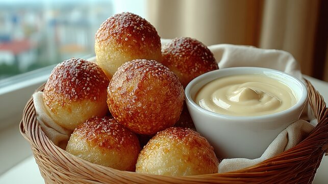 Delicious golden baked bread rolls with creamy sauce in a basket.