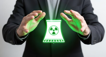 Hands Holding Glowing Nuclear Atom Core with Digital Financial Data. Concept of Clean Energy Investment, Atomic Power Stock Market, and Sustainable Energy Futures.